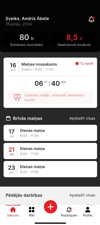 Workhour mobilās lietotnes sākumekrāns
